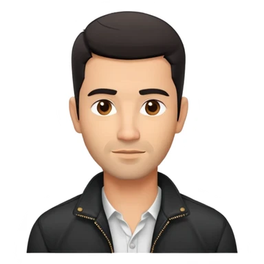 Slightly older attractive broad-shouldered Hispanic TV presenter, light brown complexion, square face with defined jawline, short black hair with clear fade haircut, light scruff facial hair, friendly expression, unbuttoned black jacket with white shirt sticker