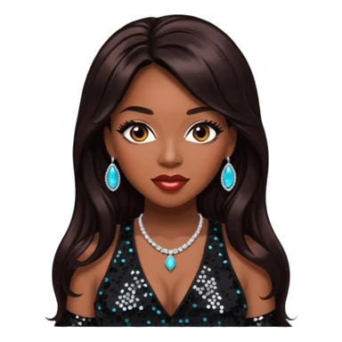 Tiffany "New York" Pollard with long dark brown hair, black sequin outfit sticker