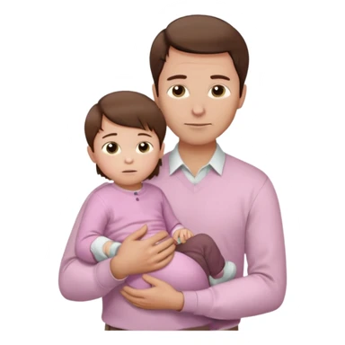A father with neatly combed chestnut-brown hair, wearing a white button-up shirt and light khaki pants, holding his child close. The child has silky dark hair and a pale pink sweater. Bright natural light, clean and gentle mood. sticker