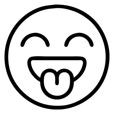 Make the tongue bend upward and reach the upper lip, keeping the eyes squeezed shut in excitement and the mouth open in a wide smile, icon style with no background. sticker