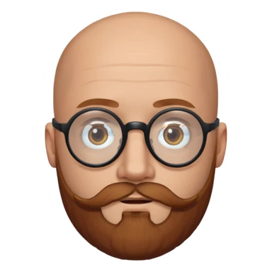 emoji 32-year-old white man, bald with a chestnut beard and mustache, small head with round black glasses. sticker