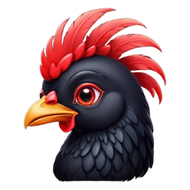 Cinematic Cute Black Chicken Portrait Emoji, Head tilted playfully and inquisitively, featuring sleek, lustrous black feathers and a vibrant red comb, round, sparkling beady eyes filled with curiosity, Simplified yet irresistibly adorable features, highly detailed, glowing with a warm, friendly glow, high shine, affectionate and lively, stylized with a touch of whimsical charm, bright and endearing, soft glowing outline, capturing the essence of a mischievous yet loving chicken, so playful it feels like it could peck out of the screen and into your arms! sticker