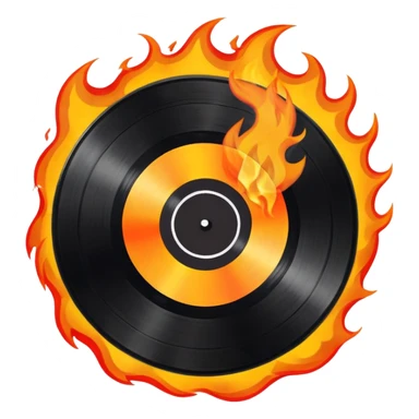 a black vinyl record on fire with a white center sticker sticker