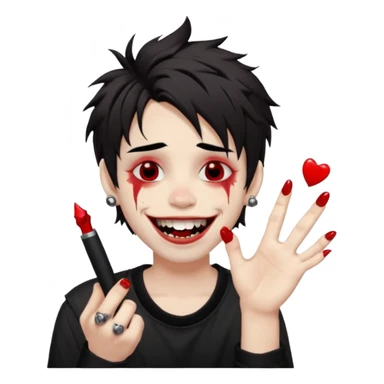 Laughing pale Goth boy with a bunch of face piercings, with shaggy dark brown hair, and messy black eyeliner , smudged, red, lipstick and rock on hand sticker