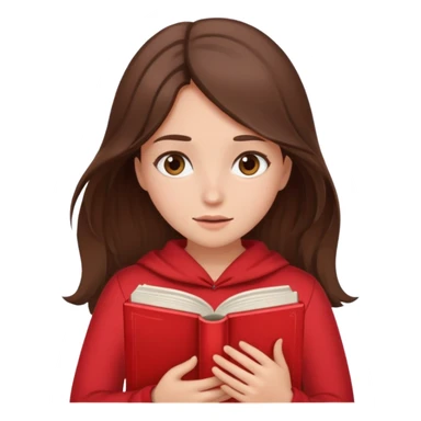 brunette girl with brown hair wearing red clothes covering her face with book sticker