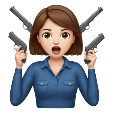 the woman emoji with brown hair and white skin choking herself  with both hands around her neck with her mouth open and two arms from behind her holding a gun in each hand point directly at her head sticker