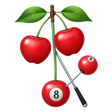 cherries with a bow on the stem, one cherry has an eight ball design and one has a club design sticker