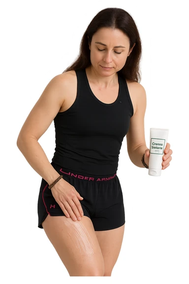 Donna con cellulite sulle cosce che usa una crema chiamata "Crema snellente" senza mano in alto sticker