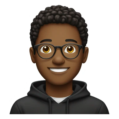 Entrepreneurial 20-year-old boy with black sweatshirt and circular glasses smiling sticker