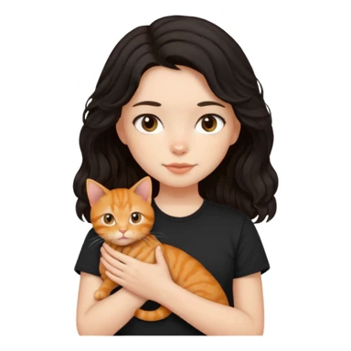 Girl with medium length black wavy hair in a black t shirt holding a ginger cat sticker
