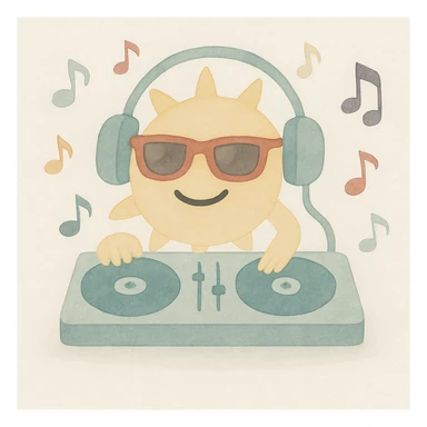 Add floating musical notes around the sun DJ in watercolor art style. sticker