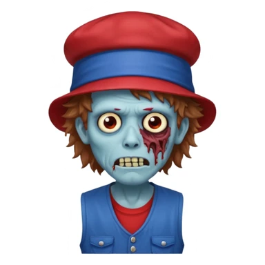 brown fluffy hair zombie with blue and white hat dark blue jilet red t shirt sticker