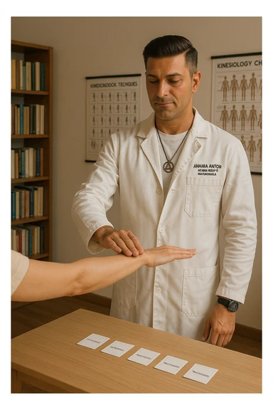 a middle-aged man in a calm, well-lit studio, wearing casual professional attire, performs a classic muscle test on a client’s outstretched arm. On a nearby table, there are small envelopes or vials labeled “testimone” representing samples or objects connected to a distant person. The atmosphere is focused and serene, with books and charts about kinesiological techniques in the background. sticker