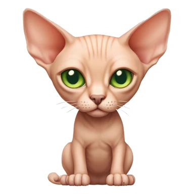 peach-colored Sphynx cat with green eyes and a big belly sticker