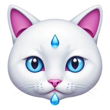 White cat, emphasized sad face, blue water tear drop below one eye, magenta eyes, black background, cute cartoon style sticker