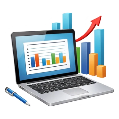 Icon for Business Reading: a prominent book at the forefront, laptop and notepad around it, along with a bar graph and symbolizing ideas and growth. The icon should represent the knowledge and strategy of business literature. Transparent background. sticker