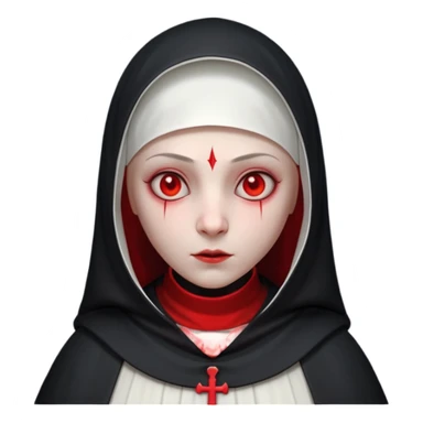 cursed village nun portrait, head and shoulders only, dark hood, mysterious expression, red accents, eerie glow, 3D cartoon, mobile game icon style, clean background, no text, no watermark

 sticker