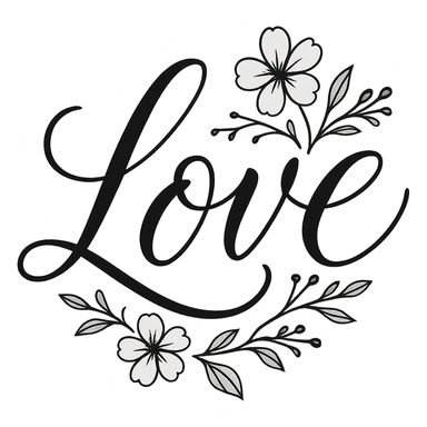 the word 'love' in elegant calligraphy with floral accents, no background sticker