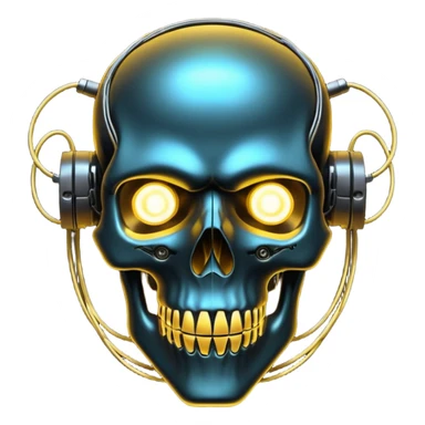 Cyberpunk shield, skull with cybernetic implants, glowing wires, dark electric gold and black tones, no background sticker