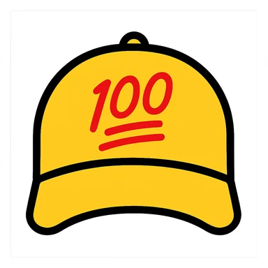 Embroider the red 100 emoji on the front of the yellow baseball cap, keeping the color outline icon style, with no background. sticker