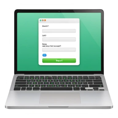 A emoji-style illustration of a laptop front facing with its screen showing onboarding form. On the screen, display a small white form card with a few simplified input fields. Add a bright green 'Next' button at the bottom of the card. sticker
