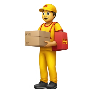 a delivery person with a yellow outfit with some red lines like the DHL logo. The delivery person carry somes carton boxes. sticker