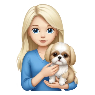 White blond girl with long hair and blue eyes holding a small female shih tzu dog sticker
