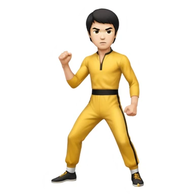 fierce Bruce Lee, ready to fight stance, focused eyes, yellow jumpsuit sticker