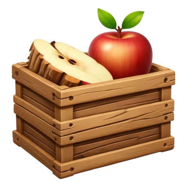 wooden box emoji, open crate with a log placed inside, realistic wood textures, vivid highlights, apple emoji style sticker