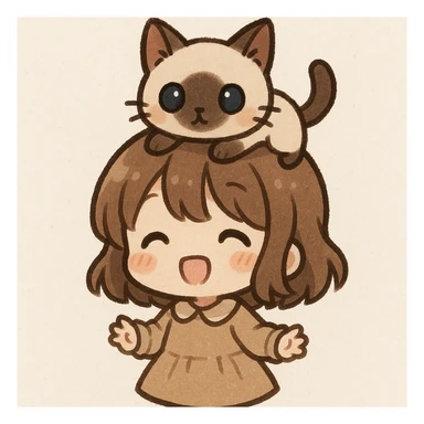 a cute girl with a siamese cat perched on her head, chibi style, adorable and small proportions sticker