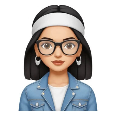 generate a pretty bratz emoji 
Make her wear a white dress with a denim jacket over it. black hair side part with a white headband

She should look exactly  like Deepika padukone. wearing rectangular spectacle sticker