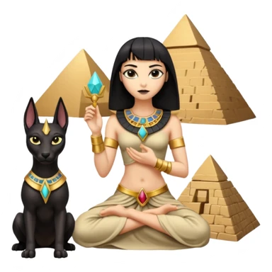 Kindly alien cleopatra Protecting spell silky black-haired tiny statuette scale female Anubis and pyramid scenery stone-age cracked irregular dwelling  sticker