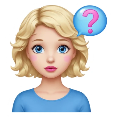 Girl Blonde short wavy hair,  blue eyes, cute blue top, long lashes, pink lips, question mark bubble sticker