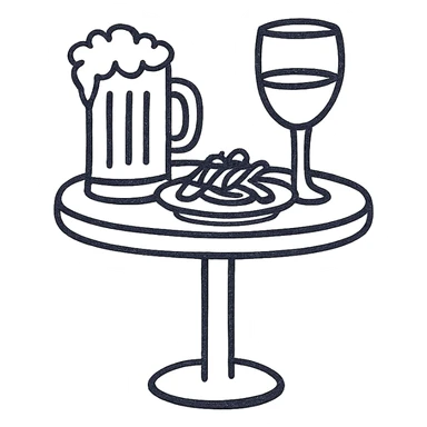 cute line drawing for coloring: a bar table with snacks and drinks, simple line style, no fill, for children to color sticker