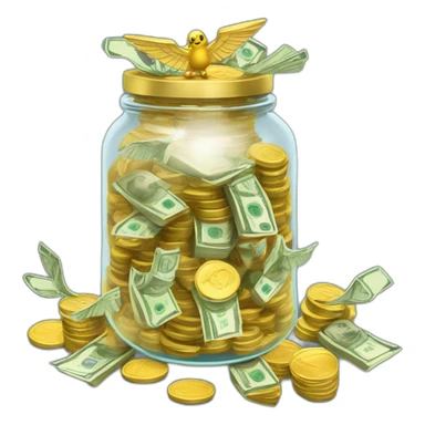 A clear jar overflowing with stacks of cash and gold :jar: :money_with_wings::coin:  sticker
