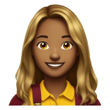 a mid length hair with curtain bangs beautiful girl smiling wearing a yellow polo with maroon id lanyard  sticker