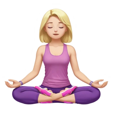 yellow-skinned woman sitting in a cross-legged meditation pose. She has shoulder-length blonde hair and wears a purple tank top, gray pants, and pink shoes. Her eyes are closed, and she has a peaceful, relaxed expression. Her hands rest on her knees with her fingers forming a meditation mudra sticker