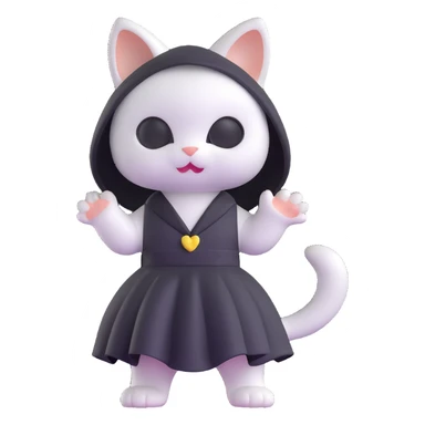 white baby cat in a black mini dress and black veil, standing and waving sticker