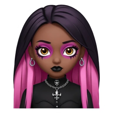 dark skin, goth bratz baddie, beautiful brown eyes, gothic black makeup, long straight black-pink hair, black gothic hair styled, black goth clothes sticker