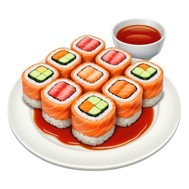 Sushi rolls with sauce on top in a plate sticker