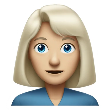 Aged crone woman, shoulder length blonde hair with bangs, blue eyes with wisdom sticker