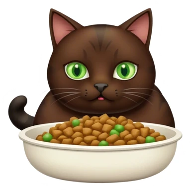 Fat brown and black cat with green eyes eating cat food sticker