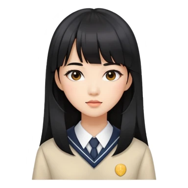 stylish woman with Asian skin, school uniform, long straight black hair with bangs, and soft makeup sticker