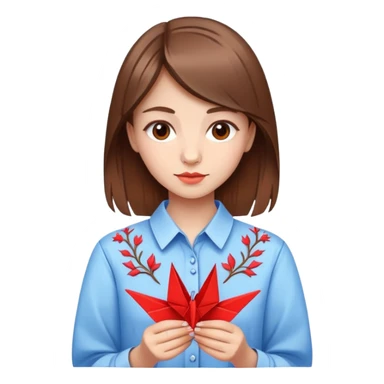 Ukrainian young girl with brown hair wearing an embroidered shirt holds an origami red crane sticker