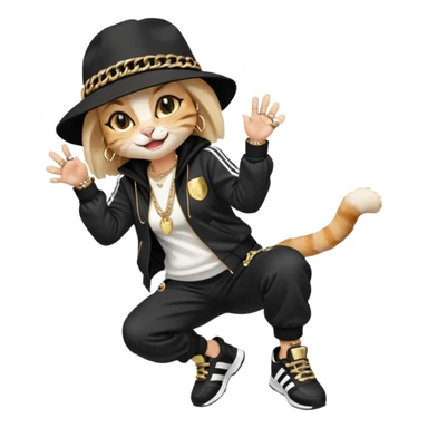 female cat dressed like Run DMC with tracksuit, fedora, Adidas shoes, lots of gold chains, rings, bracelets, earrings, laughing, looking up, no sunglasses sticker