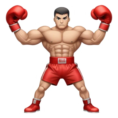 A locomotive train with human-like muscular arms, wearing red boxing gloves, standing in a fighting stance, determined expression, cartoon-style. sticker