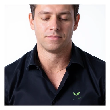 Vertical portrait, only the man's face in a realistic style with closed eyes. Include symbols of water drops and green leaves near the face to represent hydration and detoxification during fasting. The atmosphere should convey freshness and cleanliness. sticker