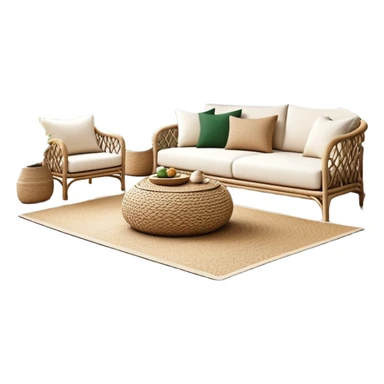 modern boho living room with many indoor plants, rattan furniture, white walls, and natural light sticker