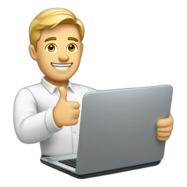 white man holding laptop thumbs up sticker