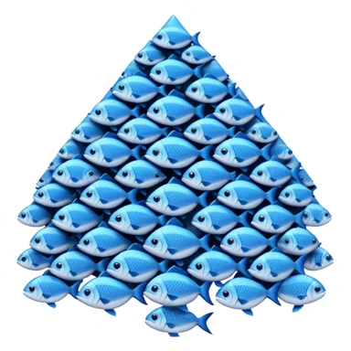 large pile of blue fish in a triangle-pyramid formation, iPhone Apple emoji style, between 2D and 3D sticker